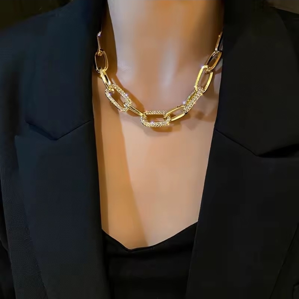 Gold Link Necklace with Pavé Crystal Links - Picture 3 of 5